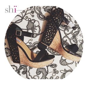 Black and Gold Wedge Sandals