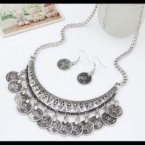 Silver Coins Bohemian Colar Necklace and Earrings