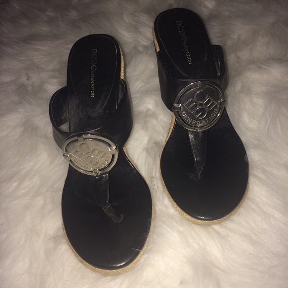 BCBG Leather & Tweed Wedges with Silver Accent