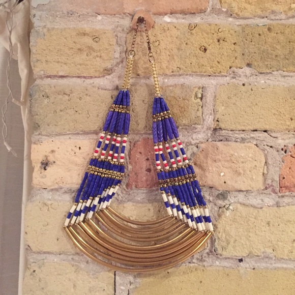 Red White Blue Gold Bead + Metal Necklace