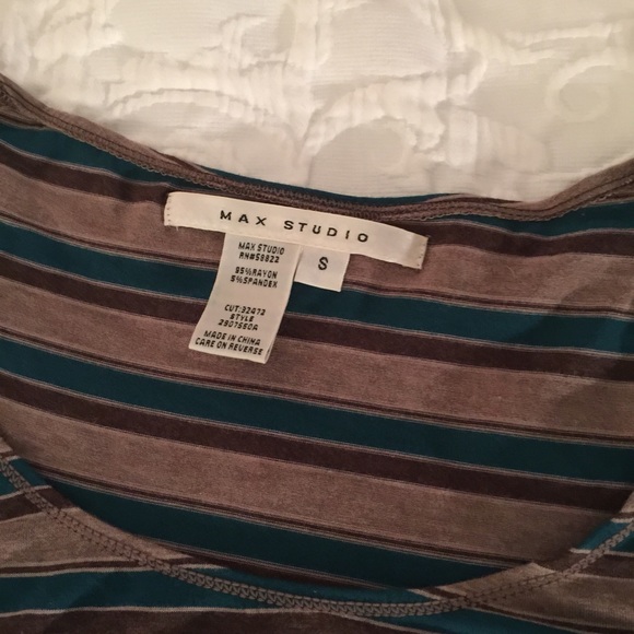 Brown and teal diagonally striped wrap dress. - Picture 2 of 3