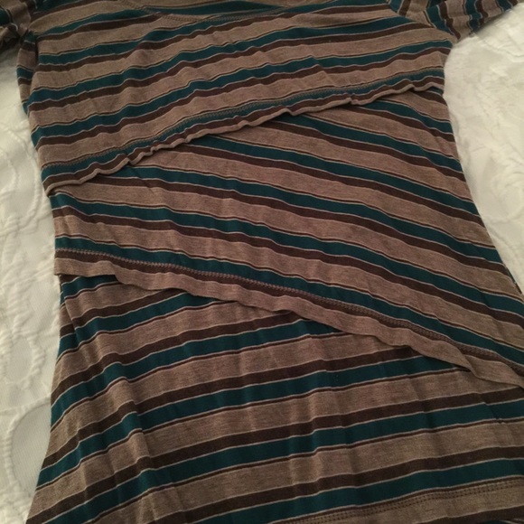 Brown and teal diagonally striped wrap dress. - Picture 3 of 3