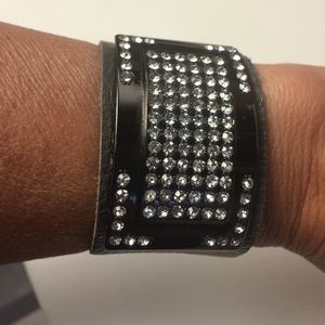 Grey leather rhinestone encrusted bracelet