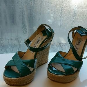 Jimmy Choo aqua patent leather espadrille wedge