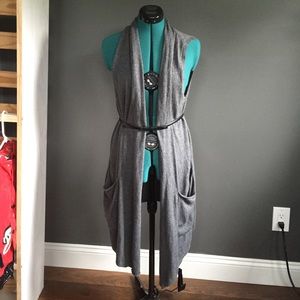 Long gray Calvin Klein sweater vest with belt