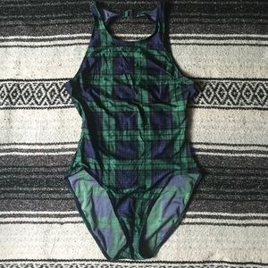 Vintage 90s Plaid Navy/Green 1-Piece Backless Suit