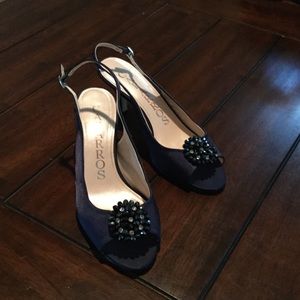 Navy Blue Sling Back Heels with Rhinestones