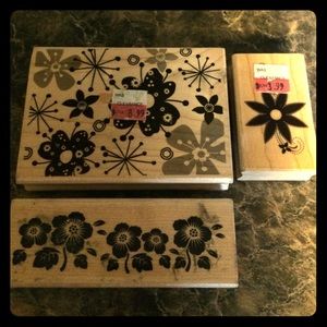 3 wood mounted rubber stamps flower design