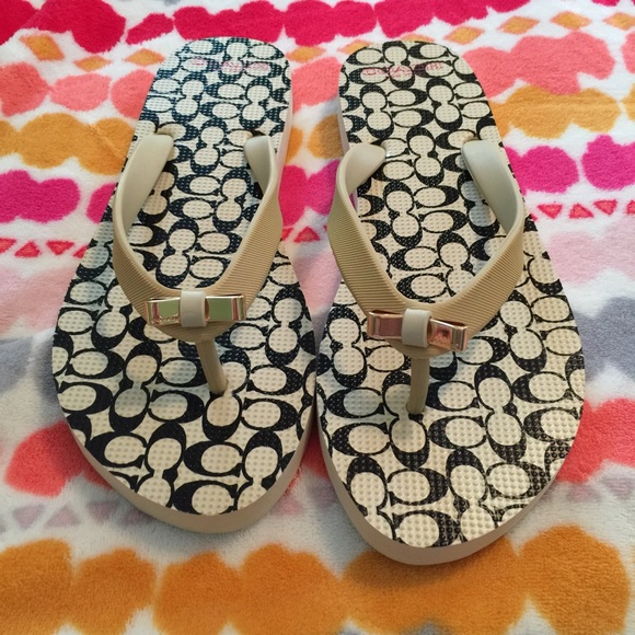 Coach Shoes - Coach Cream and Black Flip Flops Size 7-8 NWOT!!!