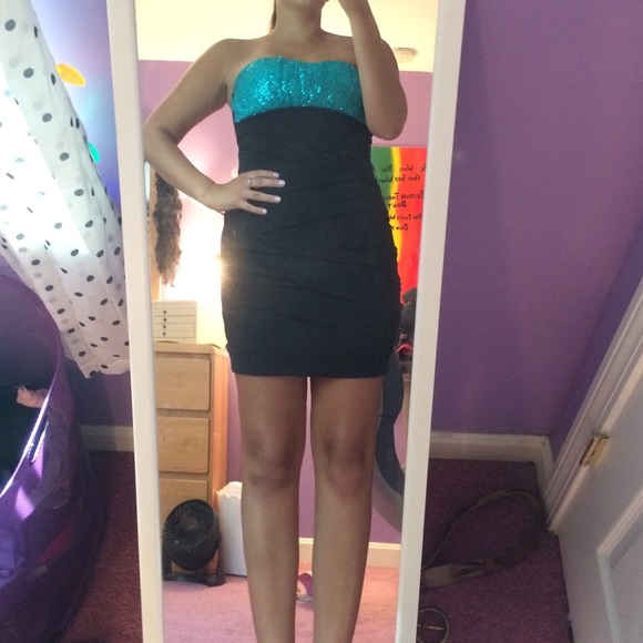 Black and Aqua strapless dress