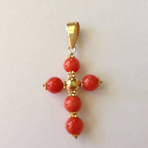 14k yellow gold coral cross pendant