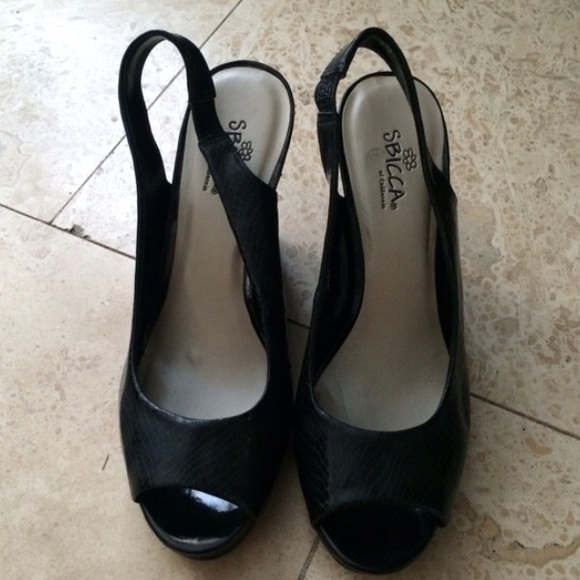 Black sling back peep toe wedges