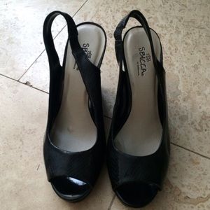 Black sling back peep toe wedges