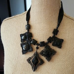 Black ribbon jeweled necklace
