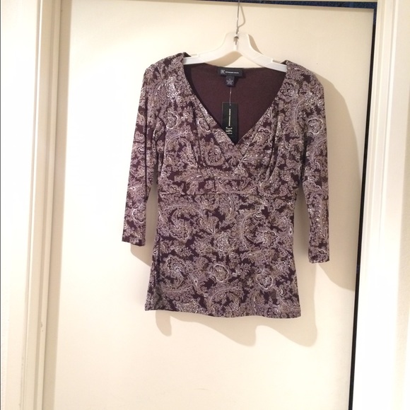 INC top chocolate brown and white w/ sparkle print