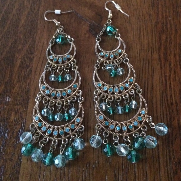 BEAUTIFUL teal and gold chandelier earrings