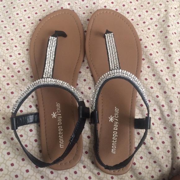 Black sandals, studded with rhinestones