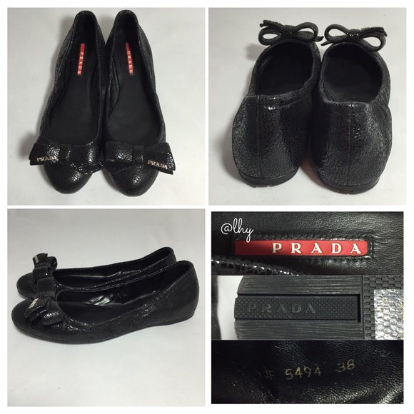 PRADA BLACK CRACKED LEATHER BOW FLATS - 38 - Picture 3 of 4