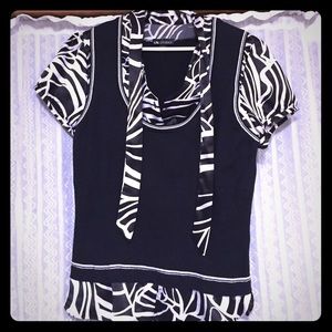 Black & White sweater vest/blouse w/tie neck