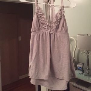 Grey summer top with a frilly V neck