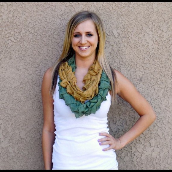 Mustard gold and army green ruffle infinity scarf