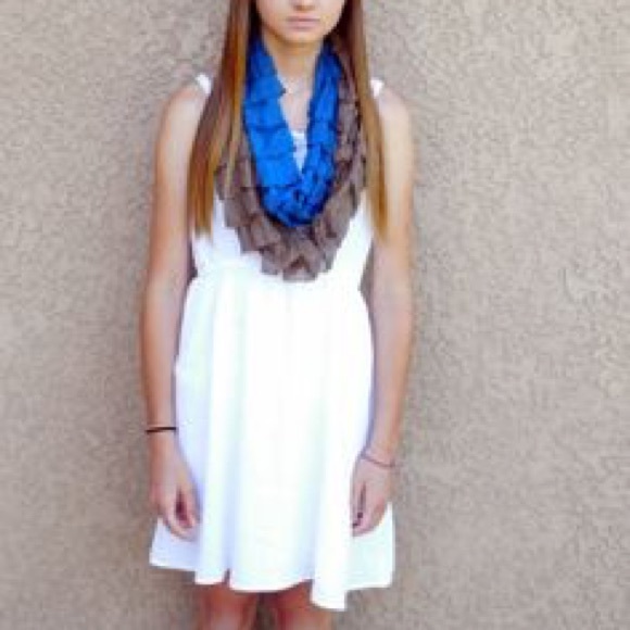 Blue and brown ruffle infinity scarf