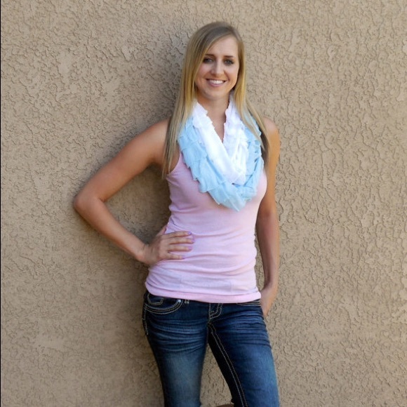 Light blue and white ruffle infinity scarf