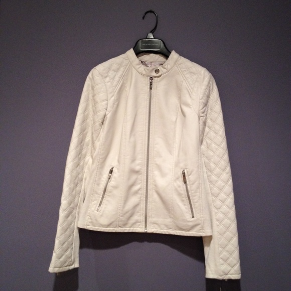 Black Rivet Leather-Touch Quilted Ivory Jacket