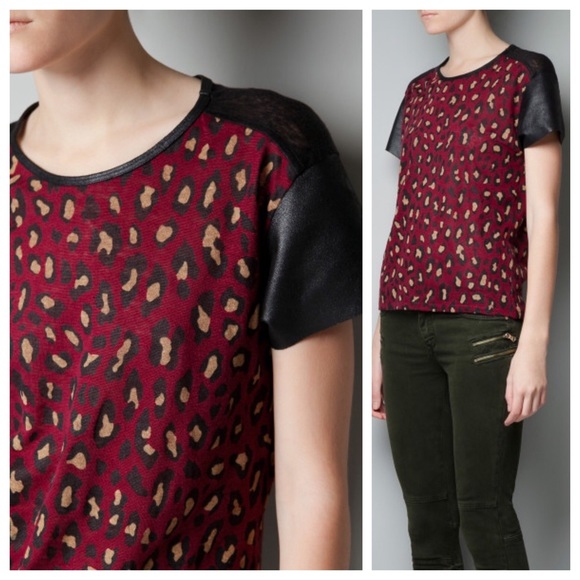 Zara Tops - Zara Leopard Linen Tee w/Leather Sleeves