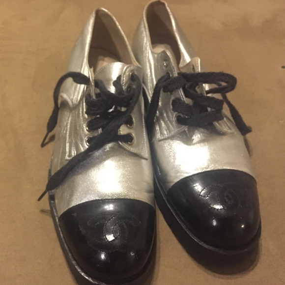 CHANEL Shoes - Chanel metallic silver/ black toe lace up shoes