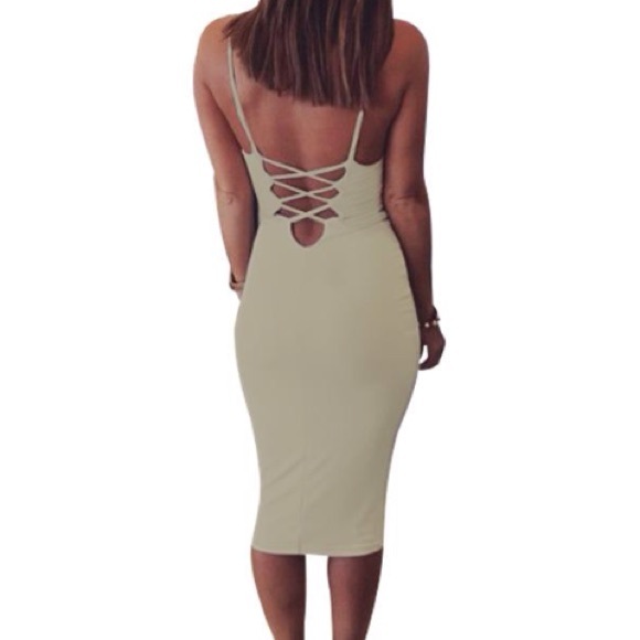 BEIGE Midi Sexy Jersey Dress LaceUp Back Strappy
