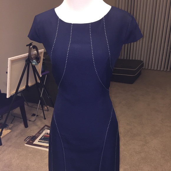 Blue Ellen Tracy dress with white stitches