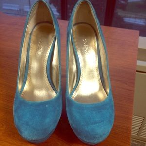 Turquoise Suede Bakers platform pumps