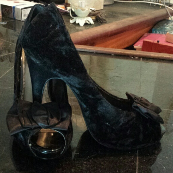 Black velvet peep toe heels