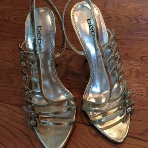 BEBE GOLD BUCKLED STRAPPY HEELS SIZE 7M