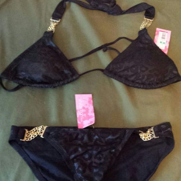 Black leopard spotted bikini top and bottom