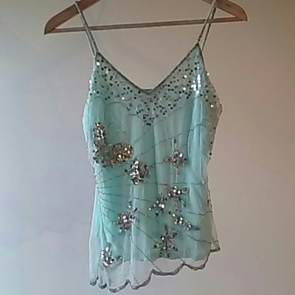 lipstick Tops - Beaded blue & silver camisole M
