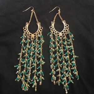 Beautiful hand made green crystals long earrings
