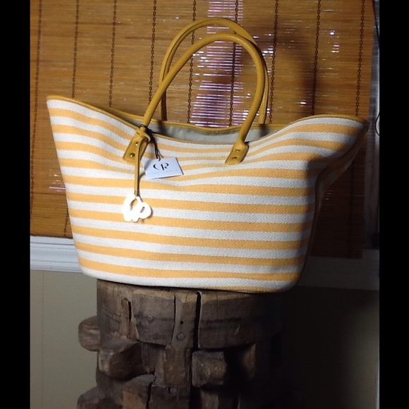 Charlotte Ronson herringbone yellow stripe tote - Picture 1 of 4
