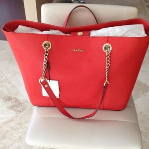 Calvin Klein leather saffiano large tote red