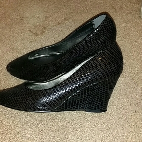 Express Black Snake Skin Wedges