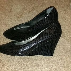 Express Black Snake Skin Wedges