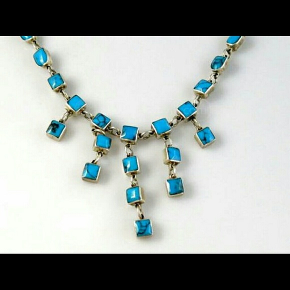 vintage mexico Taxco ? 950 Silver Turquoise statement necklace.Vtg Taxco jewelry