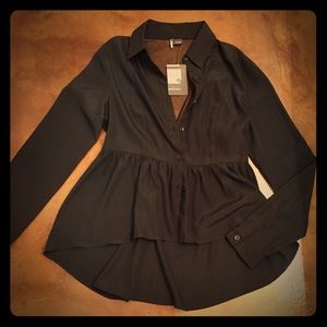 Long Sleeve Peplum Blouse w/ Mesh Insert in Back