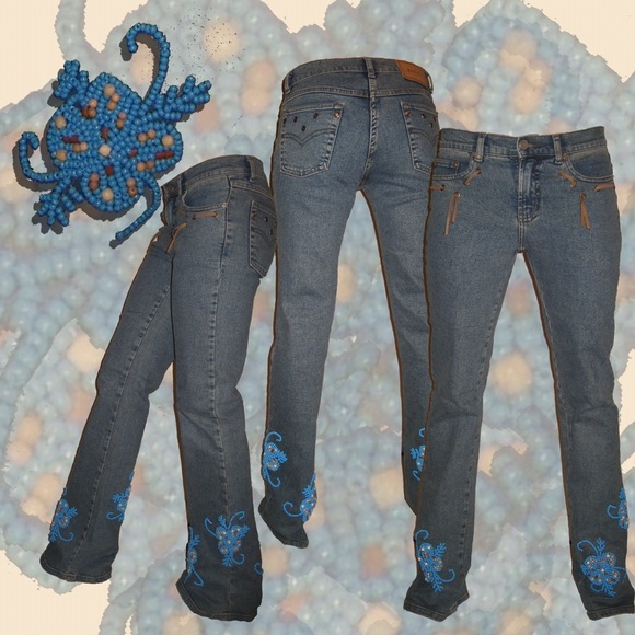 Aqua bead embroidered Brazlian style jeans