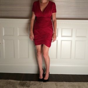 Halston Heritage Ruched V-neck Banded Dress