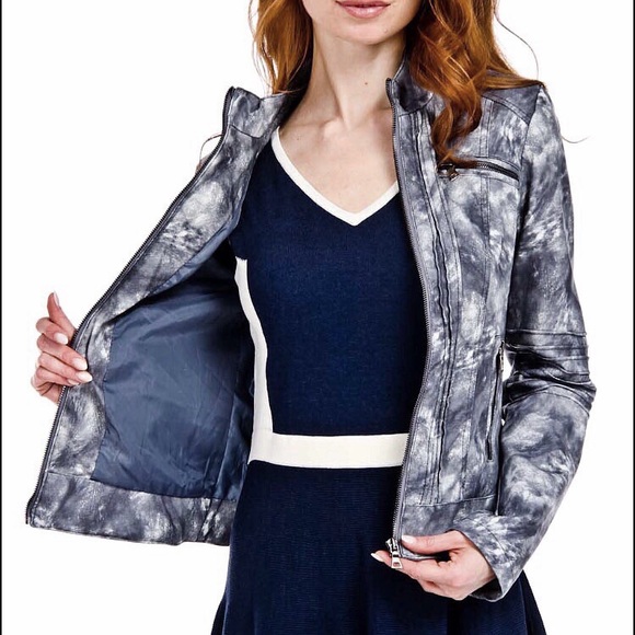 Faux leather tie dye ribbed sleeve bomber jacket - Picture 2 of 3