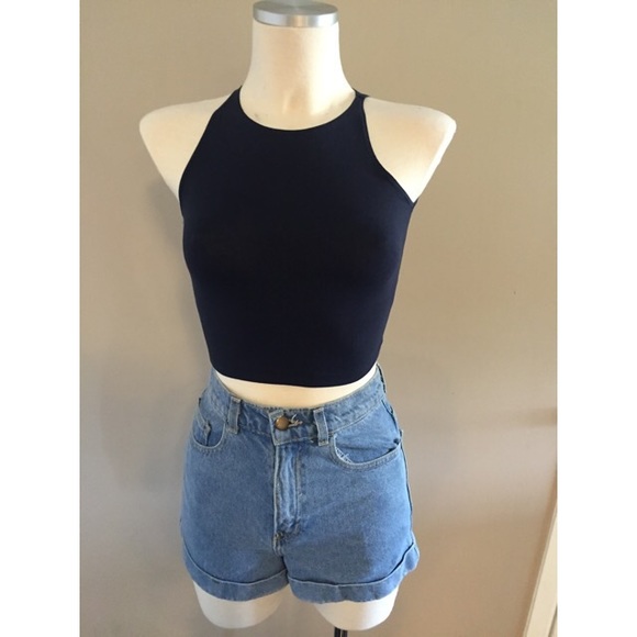 American Apparel Denim - Navy tank crop and denim cuff shorts