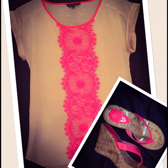 Express Tops - Express sheer beige shirt w/ hot pink lace detail