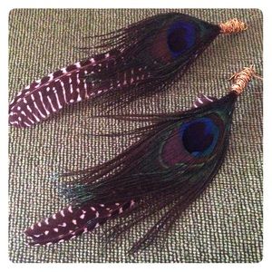 Handmade peacock black white feather boho earrings